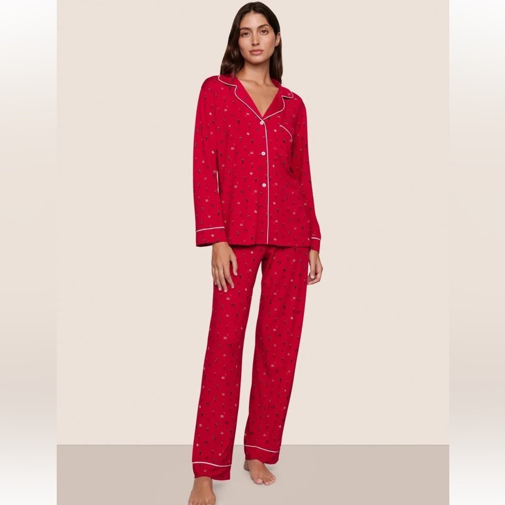 NWT Eberjey Gisele Printed Long Pajama Set Nutcracker Holly Red & Ivory Size XL